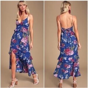 Band Of Gypsies Chloe Floral Printed Tiered Ruffle Midi Dress Blue Extra Small